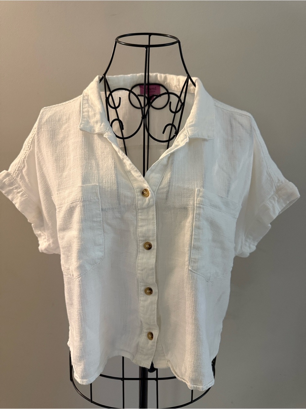 Mi Ami for Francesca’s Relaxed Button-Front White Short Sleeve Shirt, L